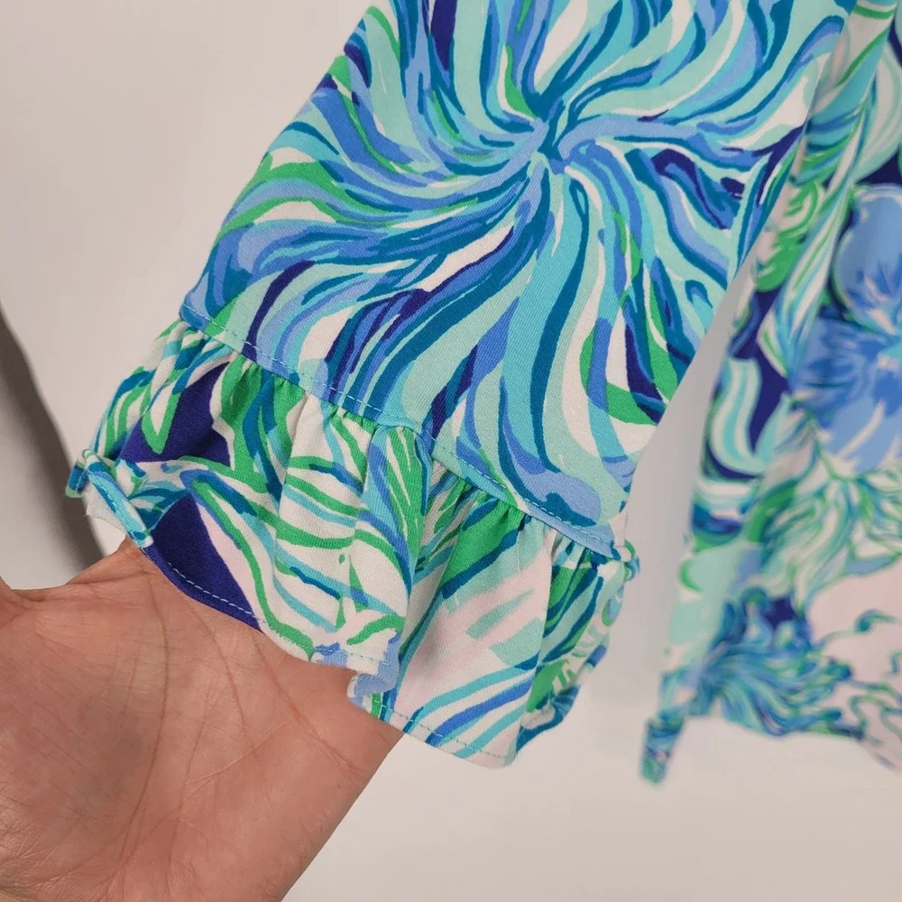 Lilly Pulitzer Shift Dress Kids XL 12-14 Floral Blue Green Ruffle Sleeve preppy